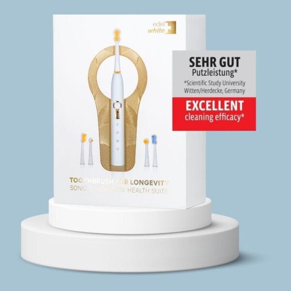 edel+white Testsieger Sehr Gut Putzleistung. Sonic Generation Health Suite – Das Schweizer Taschenmesser der Mundpflege - von führenden Zahnprofis empfohlen. Elektrische Zahnbürste, weiss / gold.