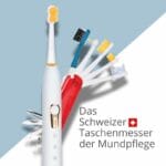 edel+white Sonic Generation Health Suite – Das Schweizer Taschenmesser der Mundpflege - von führenden Zahnprofis empfohlen. Elektrische Zahnbürste, weiss / gold. Ansicht verschiedene Aufsätze.