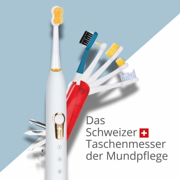 edel+white Sonic Generation Health Suite – Das Schweizer Taschenmesser der Mundpflege - von führenden Zahnprofis empfohlen. Elektrische Zahnbürste, weiss / gold. Ansicht verschiedene Aufsätze.