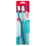 edel+white Duo Flosserbrush Ultrasoft, SWISS logo, 2 caps, PET box – Leicht, flexibel und mit ultrasanften, konischen Borsten. Abbildung hell- und dunkelblau mit Verpackung.