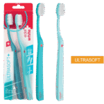 edel+white Duo Flosserbrush Ultrasoft, SWISS logo, 2 caps, PET box – Leicht, flexibel und mit ultrasanften, konischen Borsten. Abbildung hell- und dunkelblau mit Verpackung und ULTRASOFT claim.