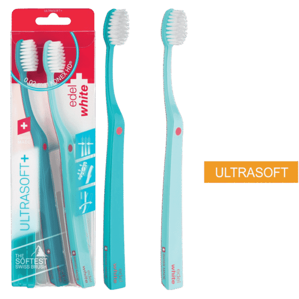 edel+white Duo Flosserbrush Ultrasoft, SWISS logo, 2 caps, PET box – Leicht, flexibel und mit ultrasanften, konischen Borsten. Abbildung hell- und dunkelblau mit Verpackung und ULTRASOFT claim.