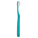 edel+white Ultrasoft Flosserbrush SWISS in PET box - Léger, flexible et avec des poils coniques ultra-doux. Illustration brosse à dents en turquoise. 