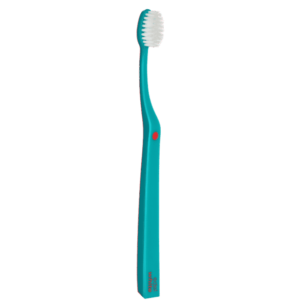 edel+white Ultrasoft Flosserbrush SWISS in PET box - Léger, flexible et avec des poils coniques ultra-doux. Illustration brosse à dents en turquoise. 