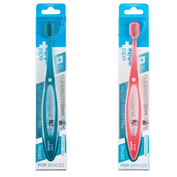 edel+white Brosse à dents ORTHO Pro Ortho Toothbrush - Nettoyage en profondeur des bridges et des appareils dentaires. Brosse à dents en bleu et en rose. 