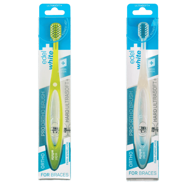 edel+white Brosse à dents ORTHO Pro Ortho Toothbrush - Nettoyage en profondeur des bridges et des appareils dentaires. Brosse à dents en vert et en blanc. 