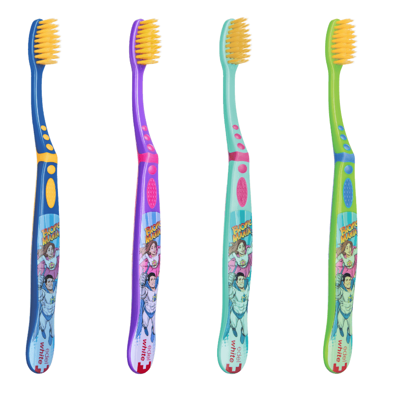 edel+white Kids Flosserbrush Ultrasoft – Die weichsten Borsten für Kinderzähne und Kinderzahnfleisch, Produktfoto Bionicmania in verschiedenen Farben, bunt