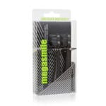 megasmile Sonic Black Whitening II replacement brush heads Ink Black - with activated carbon bristles for gentle tooth whitening. Picture in packaging. 