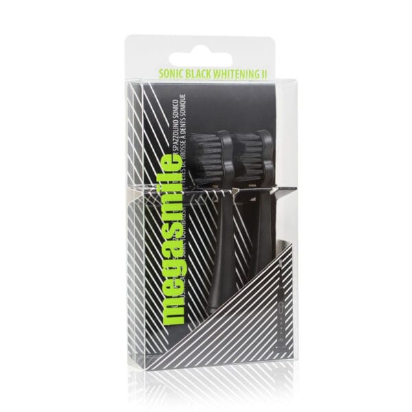 megasmile Sonic Black Whitening II replacement brush heads Ink Black - with activated carbon bristles for gentle tooth whitening. Picture in packaging.