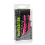 megasmile Sonic Black Whitening II replacement brush heads Shocking Pink - with activated carbon bristles for gentle teeth whitening. Picture in packaging. 