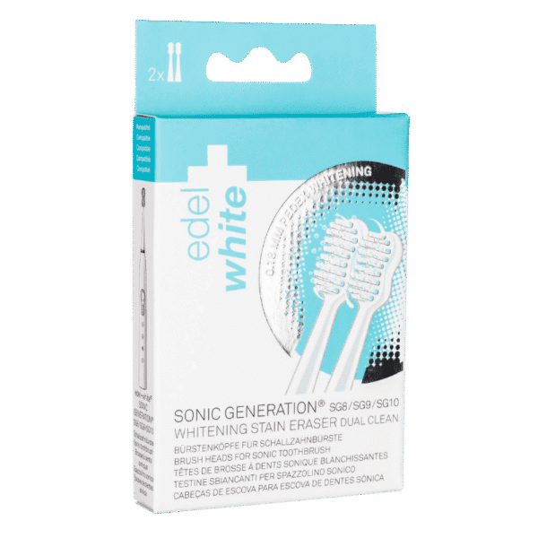 edel+white elektrische Zahnbürste Aufsätze. Whitening Brush Heads for Sonic Generation SG8+ – Patentierte Polierborsten zur Fleckenentfernung. Foto der Verpackung.
