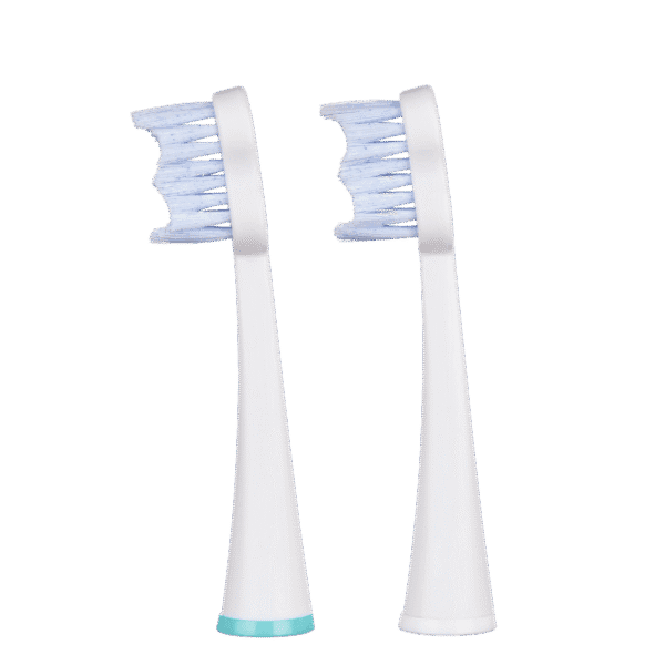 edel+white elektrische Zahnbürste Aufsätze. Whitening Brush Heads for Sonic Generation SG8+ – Patentierte Polierborsten zur Fleckenentfernung. Foto zwei Aufsätze, Seitenansicht.