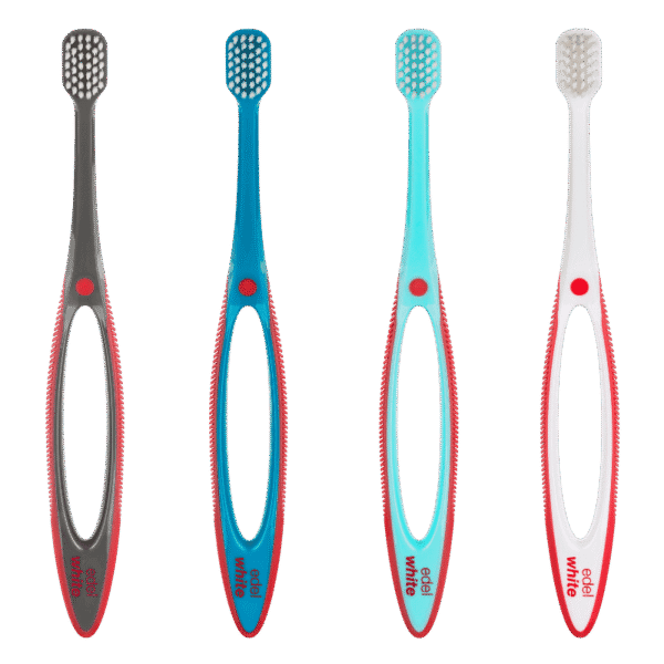 edel+white Pro Gums Brosse à dents manuelle avec tête de brosse large et manche flexible, différentes couleurs