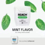 REACH waxed dental floss mint flavor - 50m vegan dental floss with high tensile strength and up to 52% more plaque removal. Picture Infographic Mint Flavor, Unflavored alternative. 