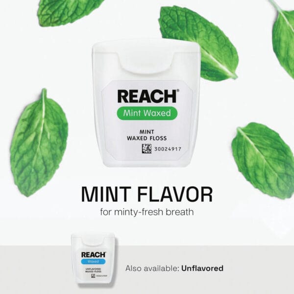 REACH waxed dental floss mint flavor - 50m vegan dental floss with high tensile strength and up to 52% more plaque removal. Picture Infographic Mint Flavor, Unflavored alternative. 