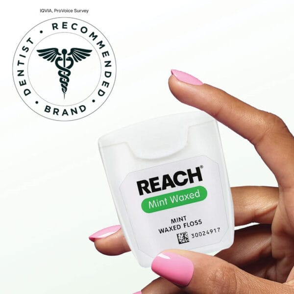 REACH waxed dental floss mint flavor - 50m vegan dental floss with high tensile strength and up to 52% more plaque removal. Picture Dentist Recommended seal. 