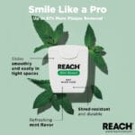 REACH waxed dental floss with mint flavor - 50m vegan dental floss, tear-resistant and thorough against plaque. Picture infographic Smile likea Pro. 
