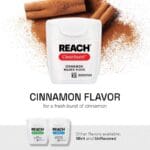 REACH waxed dental floss cinnamon flavor - 50m vegan dental floss with high tensile strength and up to 52% more plaque removal. Picture infographic Cinnamon Flavor, alternatives. 