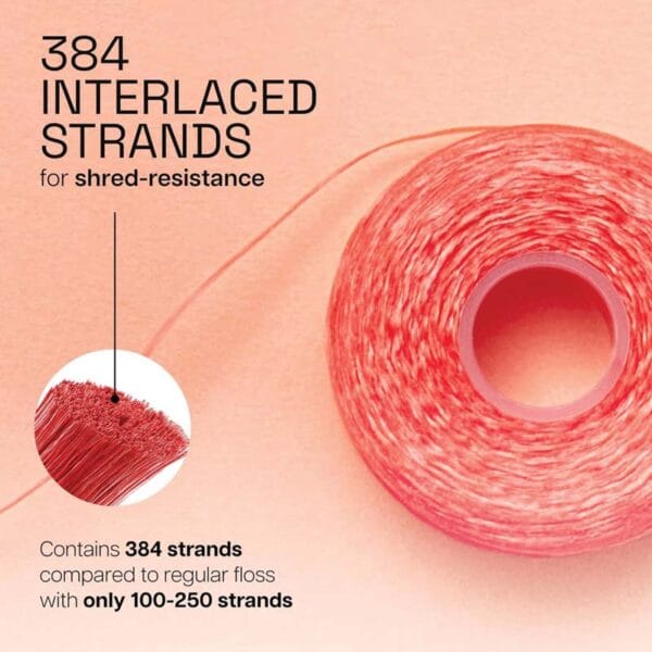 REACH waxed dental floss with cinnamon flavor - 50m vegan dental floss with high tensile strength and up to 61% more plaque removal. Picture Infographic 384 Interlaced Strands. 