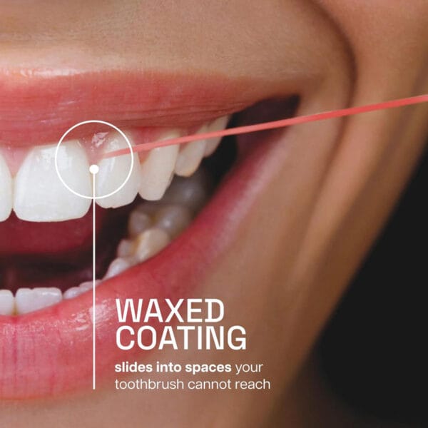 REACH waxed dental floss with cinnamon flavor - 50m vegan dental floss with high tensile strength and up to 61% more plaque removal. Picture Infographic Waxed Coating. 