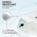 REACH gewachste Zahnseide ohne Geschmack – 50m vegane Zahnseide mit hoher Reissfestigkeit und bis zu 52% mehr Plaque-Entfernung. Abbildung Infografik Shred Resistant.