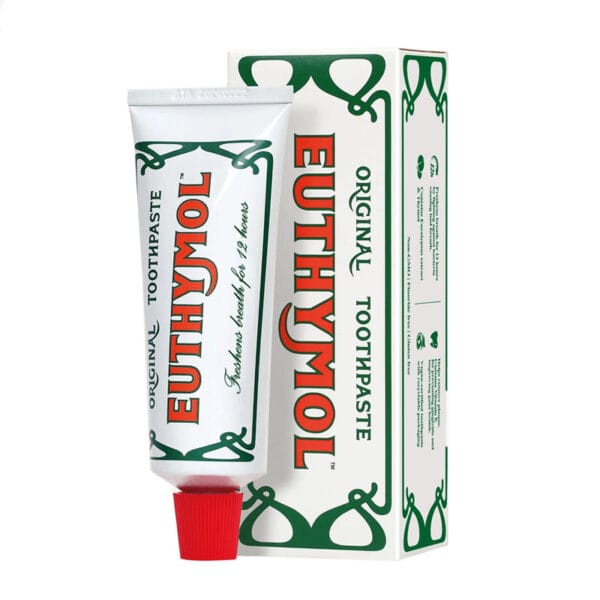 Euthymol Original Zahnpasta – Fluoridfreie Mundpflege mit einzigartigem Geschmack und rosa Farbe. Produkt Abbildung mit Verpackung
