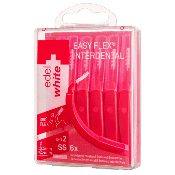 edel+white EasyFlex Interdental, Gebogene Bürste mit flexiblem Griff und antibakterieller Ummantelung für eine gründliche Zahnzwischenraumreinigung. SS, 6 Stück 0.5mm Durchmesser