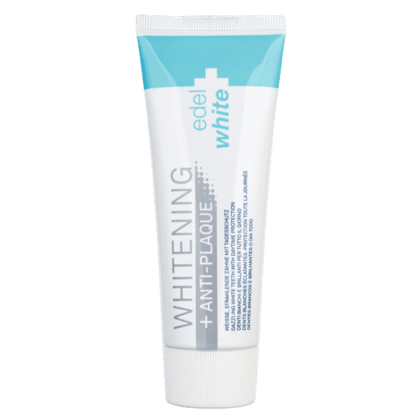 edel+white Anti-Plaque + Whitening toothpaste 75ml – Sanfte Aufhellung für natürlich weisse Zähne. Abbildung Zahnpasta Tube.