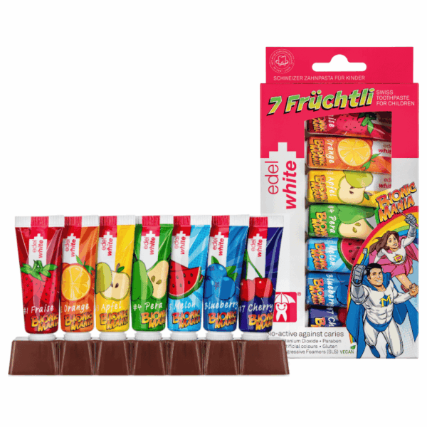 edel+white 7 Früchtli - Bionicmania Kinderzahnpasta
