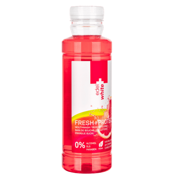 edel+white Fresh&Protect Mouthwash 400ml – Für einen Atem so frisch wie die Alpenluft. Produktfoto Flasche.