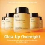 belif Super Knights Multi Vitamin Sleeping Mask 75ml Image Crème ouverte, fond jaune - Crème de nuit éclaircissante aux vitamines C, E, B3 & B12 pour une peau éclatante au réveil. Infographie Glow Up Overnight. 