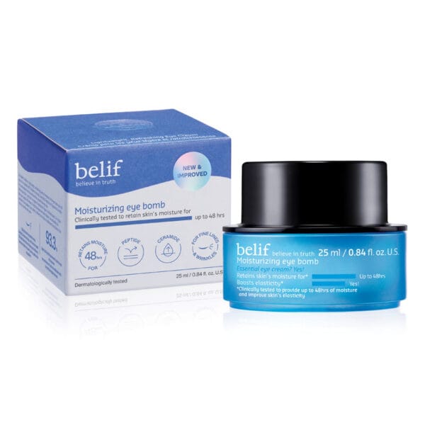 belif Moisturizing Eye Bomb 25ml - Eye cream with peptides, bakuchiol & caffeine against wrinkles & dark circles. Product photo with packaging. 