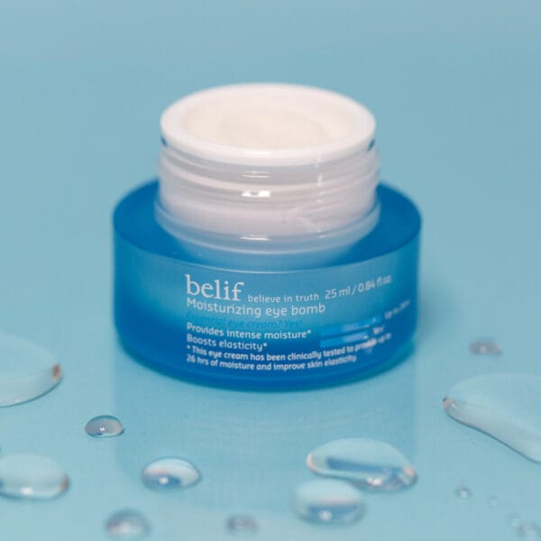 belif Moisturizing Eye Bomb 25ml - Eye cream with peptides, bakuchiol & caffeine against wrinkles & dark circles. Image image drops. 