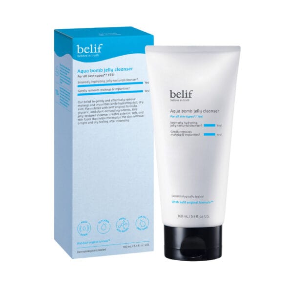 belif Jelly-to-Foam Cleanser 160ml - Gentle facial cleanser with hyaluronic acid & herbs. Product with packaging. 