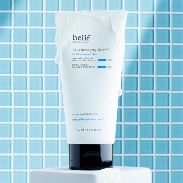 belif Jelly-to-Foam Cleanser 160ml - Gentle facial cleanser with hyaluronic acid & herbs. Product in the bathroom, blue tiles in the background. 