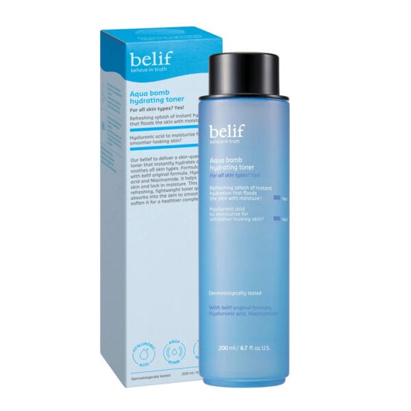 belif Aqua Bomb Hydrating Toner 200ml - Moisturizing facial toner with hyaluronic acid & niacinamide. Product photo with packaging. 