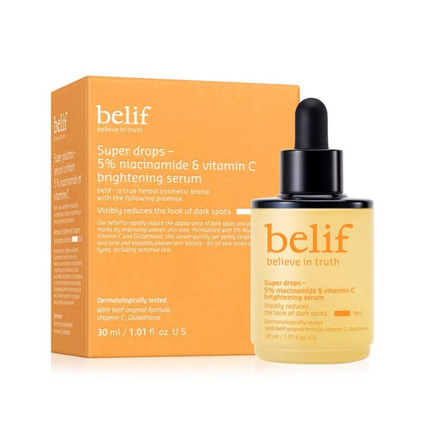 belif Brightening Serum 30ml - Vitamin C & Niacinamide Serum for radiant, even skin. Product photo with packaging. 