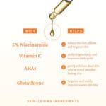 belif Super Drops Niacinamide & Vitamin C Brightening Serum 30ml - Infographic, with Ingredients and Helps with information.