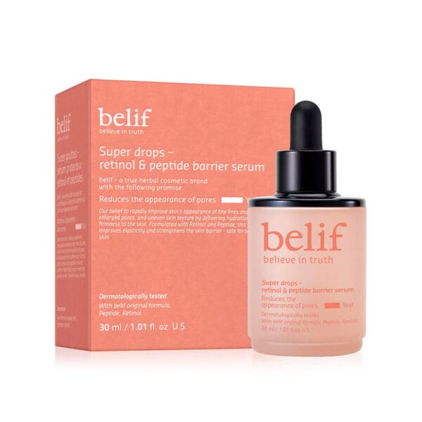 belif Super Drops Retinol & Peptide Barrier Serum 30ml – Anti-Aging-Serum für straffere Haut, verfeinerte Poren & gestärkte Hautbarriere. Produktfoto mit Verpackung