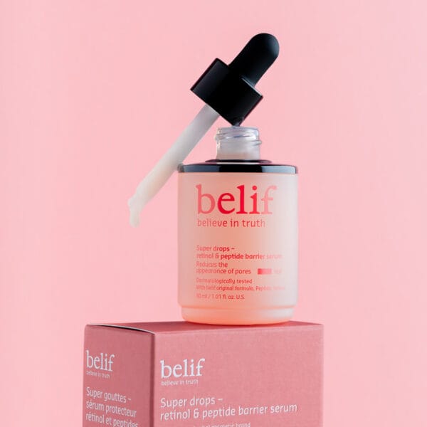 belif Super Drops Retinol & Peptide Barrier Serum 30ml – Anti-Aging-Serum für straffere Haut, verfeinerte Poren & gestärkte Hautbarriere. Imagebild Pipette und Verpackung