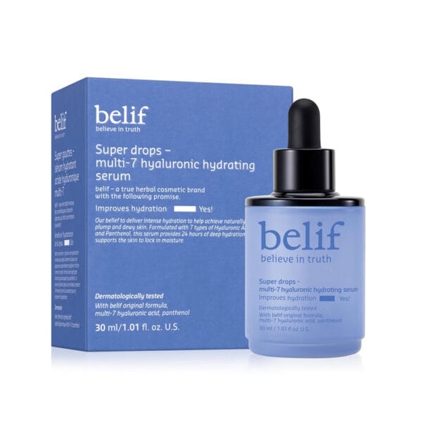 belif Super Drops Multi-7 Hyaluronic Hydrating Serum 30ml - Sérum d'hydratation intense contenant 7 fois plus d'acide hyaluronique et du panthénol. Photo du produit avec l'emballage. 