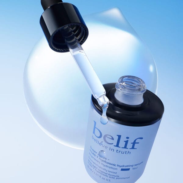 belif Super Drops Multi-7 Hyaluronic Hydrating Serum 30ml - Sérum d'hydratation intense contenant 7 fois plus d'acide hyaluronique et du panthénol. Image Drop avec pipette. 