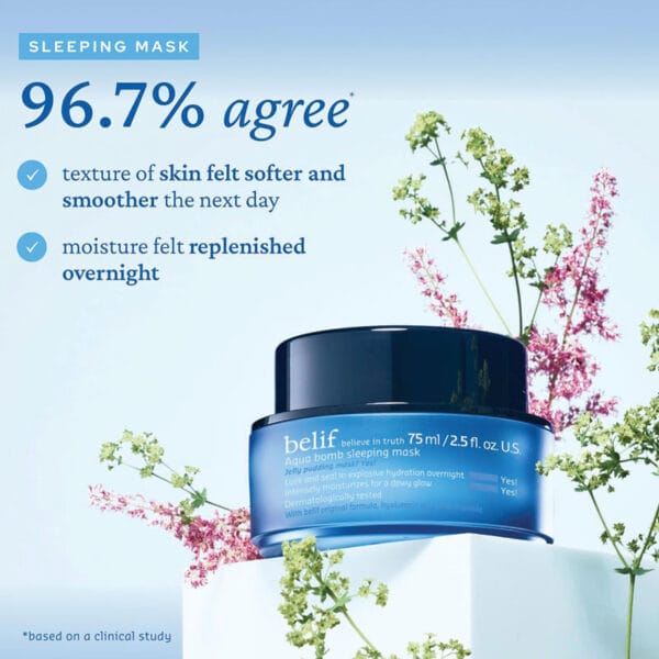 belif Aqua Bomb Sleeping Mask 75ml - la texture et la peau sont plus douces et plus lisses le lendemain. l'hydratation est reconstituée pendant la nuit. étude clinique. 