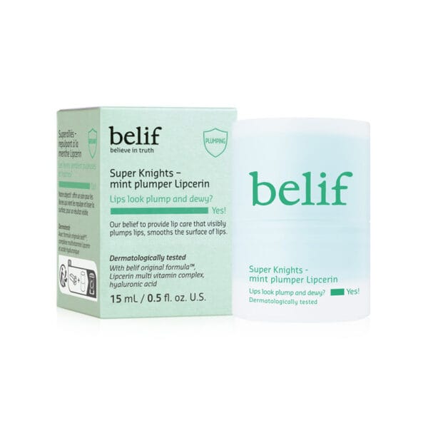 belif Mint Plumper Lipcerin 15ml - Plumping lip balm & mask with mint, peptides and multi-vitamin complex. Product photo with packaging. 