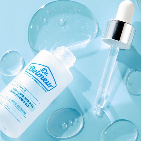 Dr. Belmeur Spot Care Ampoule 22ml – beruhigendes Serum mit Panthenol, Beta-Glucan, Chaga-Pilz und Teebaumöl gegen Unreinheiten und Rötungen. Abbildung Pipette und klare Flüssigkeit, Serum.