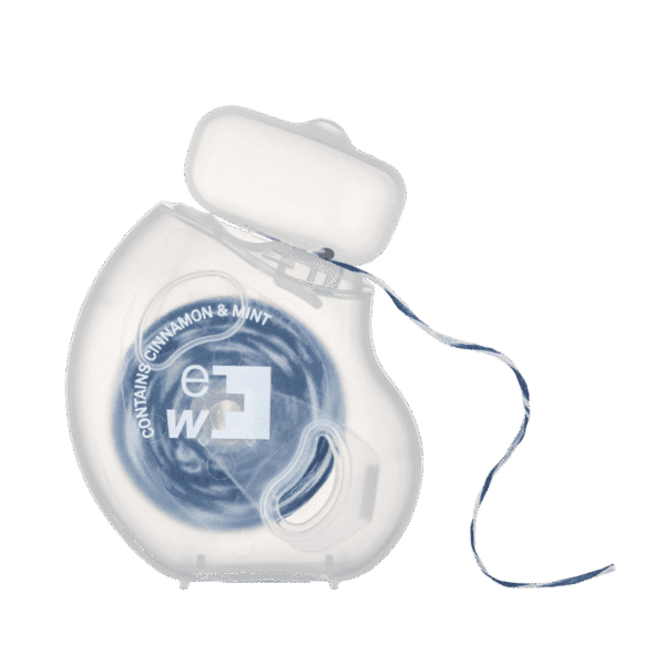 edel+white Zahnseide, Soft Woven Floss 40m in blister, with cinnamon – Das gewobene Floss für empfindliches Zahnfleisch. Abbildung Zahnseide zweifarbig.