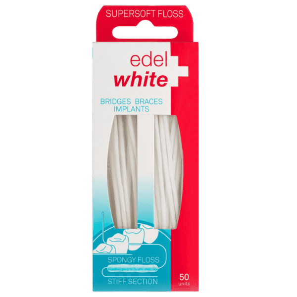 edel+white Supersoft Floss 50 strands – Perfekt zum Reinigen um und unter Zahnspangen, Brücken und Implantaten - Abbildung Verpackung