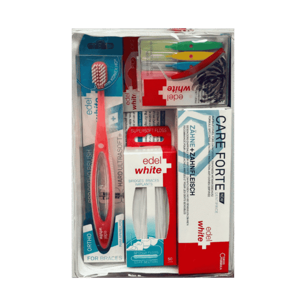 edel+white Ortho Set – komplette Zahnpflege-Lösung für Zahnspangenträger. Set Übersicht mit Bürste, Zahnseide, Zahngel und Interdentalbürsten