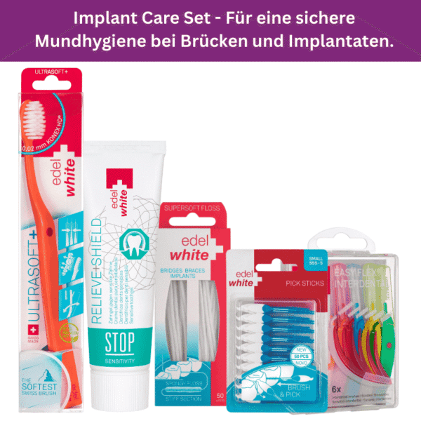 edel+white Implant Care Set - Kit complet pour les soins des implants, comprenant un gel dentaire, des brossettes interdentaires, du fil dentaire et une brosse à dents.
