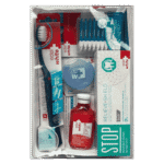 edel+white Sensitive Care Set. Foto vom Setinhalt, Zahnbürste, Zahnseide, Zahngel, Interdentalbürsten und Mundspülung für empfindliche Zähne und gereiztes Zahnfleisch